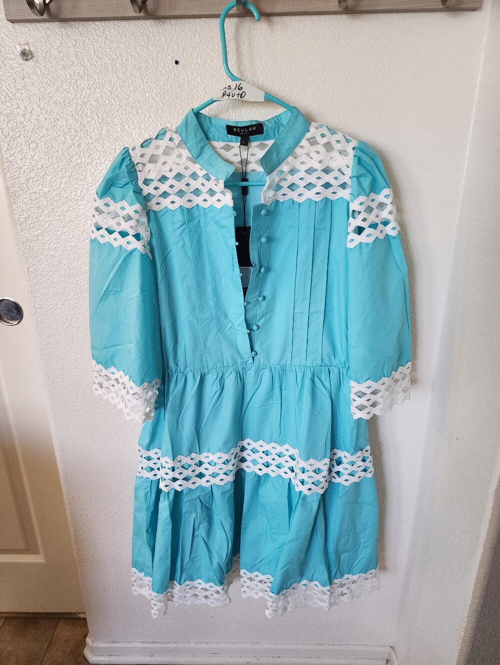 Beulah Style Aqua Lace Trim Belted Dress NWT L